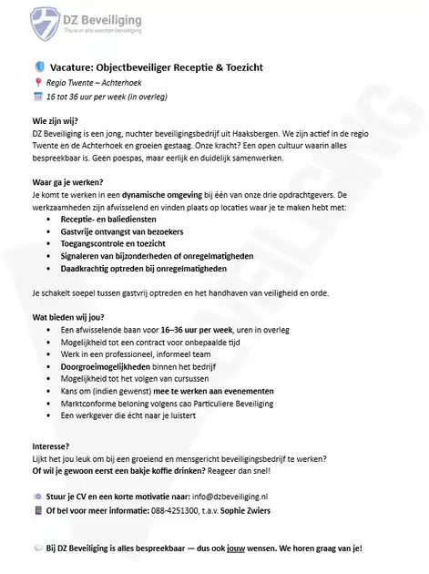 📢 Wij hebben een nieuwe vacature! - DZ Beveiliging